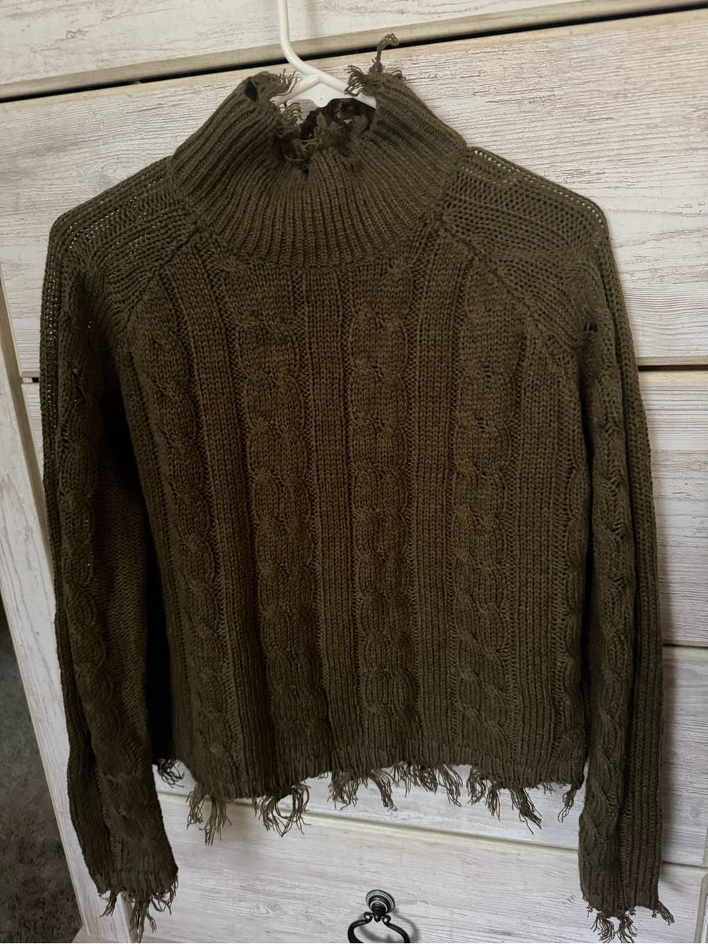 Olive Cable Knit Distressed Turtleneck Sweater - Women